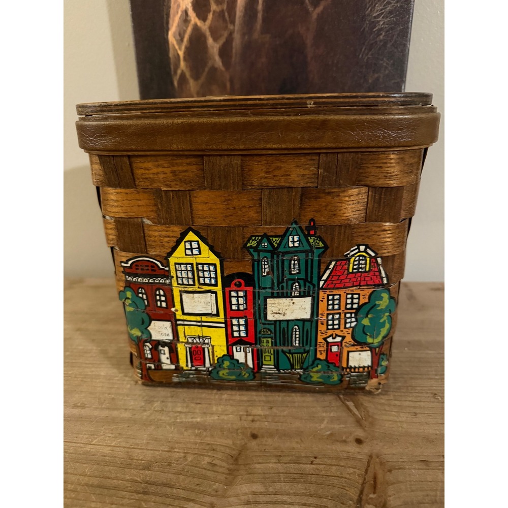 Vintage Caro-Nan Hand Painted Wooden Basket Purse Village Scene‎ Smart Set Bag